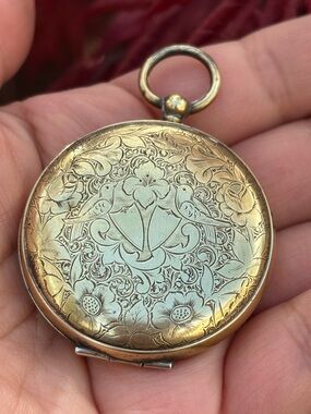 Antique Gold Tone Stag Locket Large Engraved Floral Double Sided Pendant
